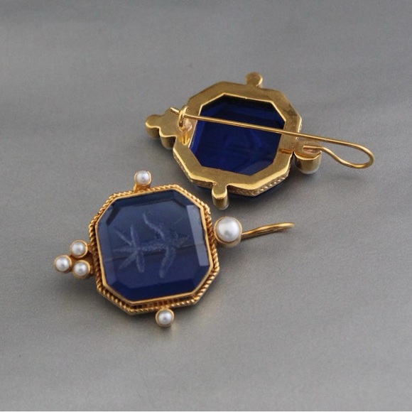 Anthropologie Blue and Gold Earrings with Pearl Accents - Picture 3 of 5